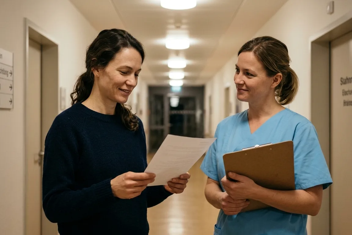 Eine Tochter steht nachts im Klinikflur, ein Blatt Papier in der Hand, und spricht ruhig mit einer Pflegekraft