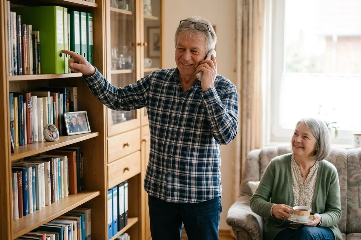 Derselbe Mann telefoniert lächelnd im Wohnzimmer und zeigt auf einen grünen Ordner im obersten Regalfach