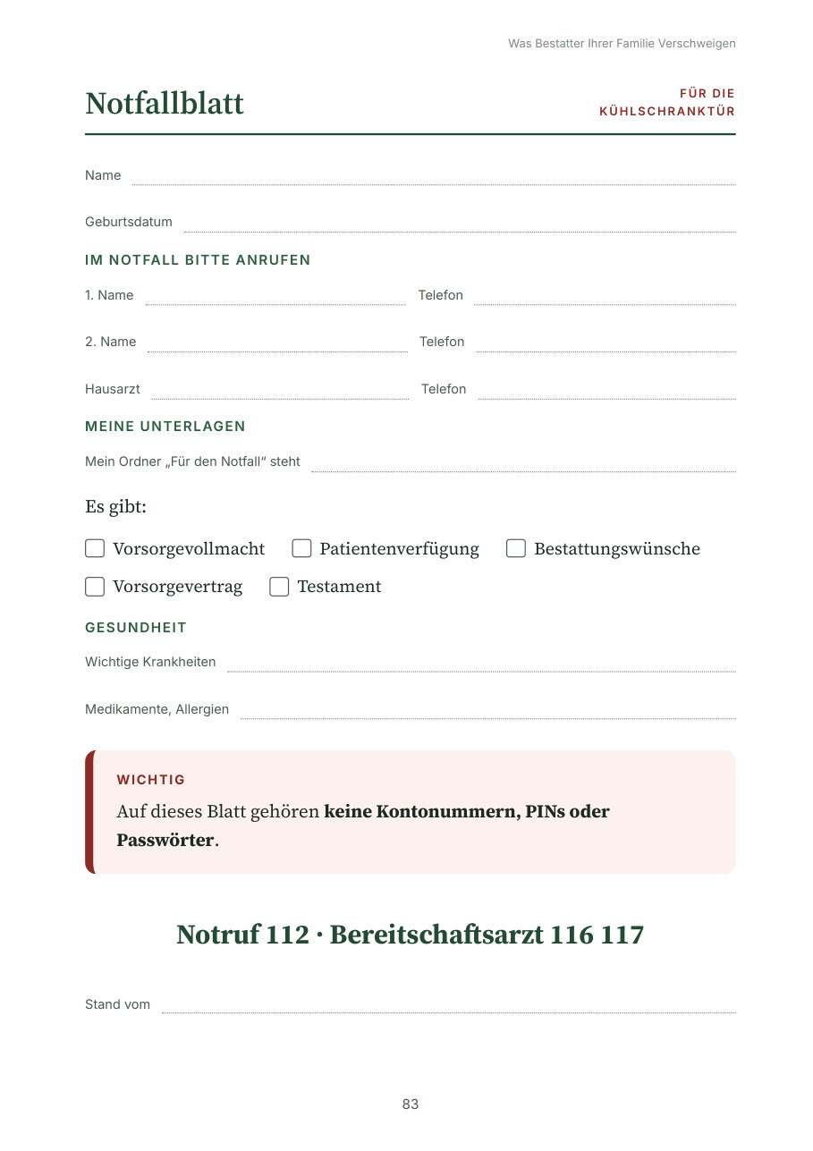 Das Notfallblatt für die Kühlschranktür