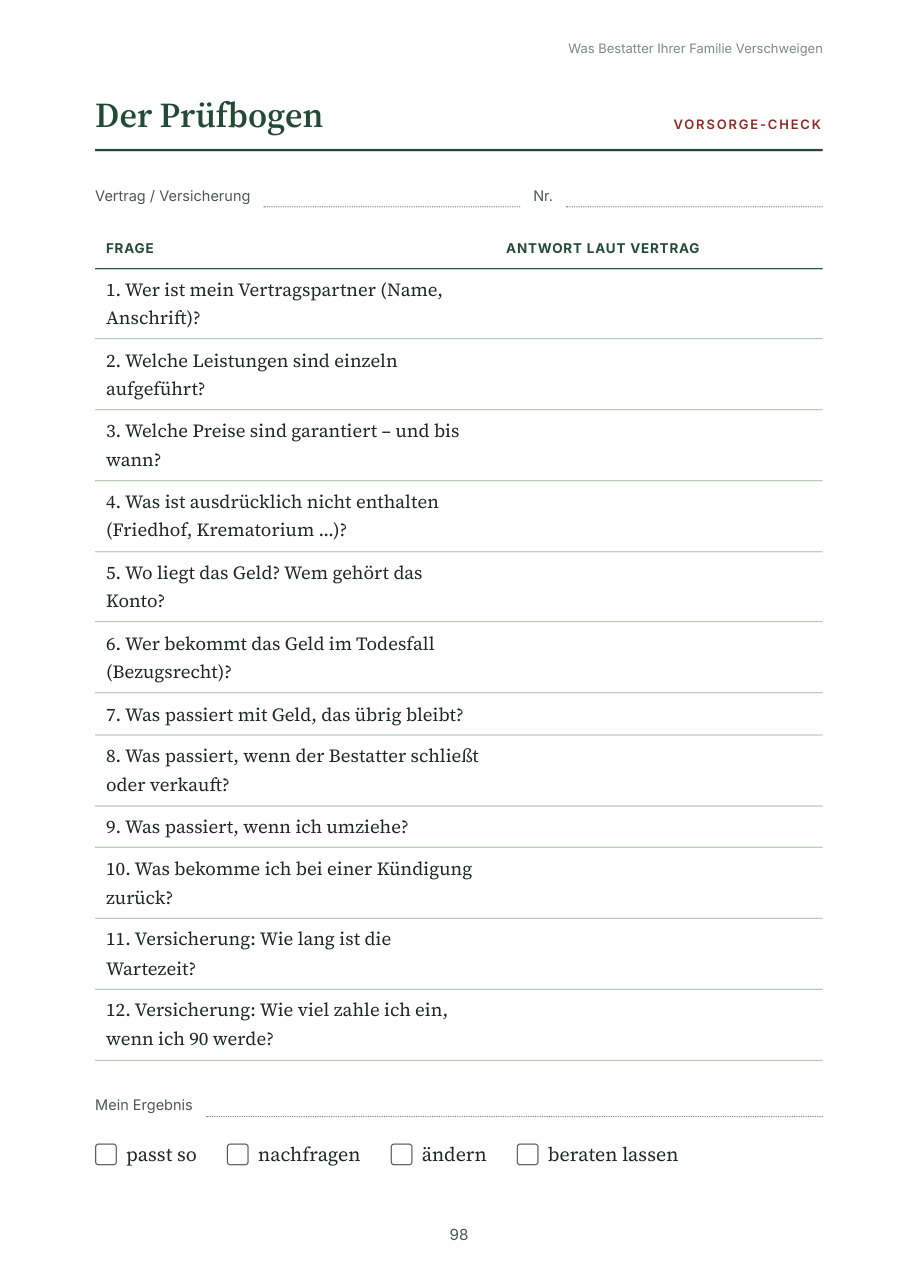 Der Prüfbogen für Vorsorgeverträge